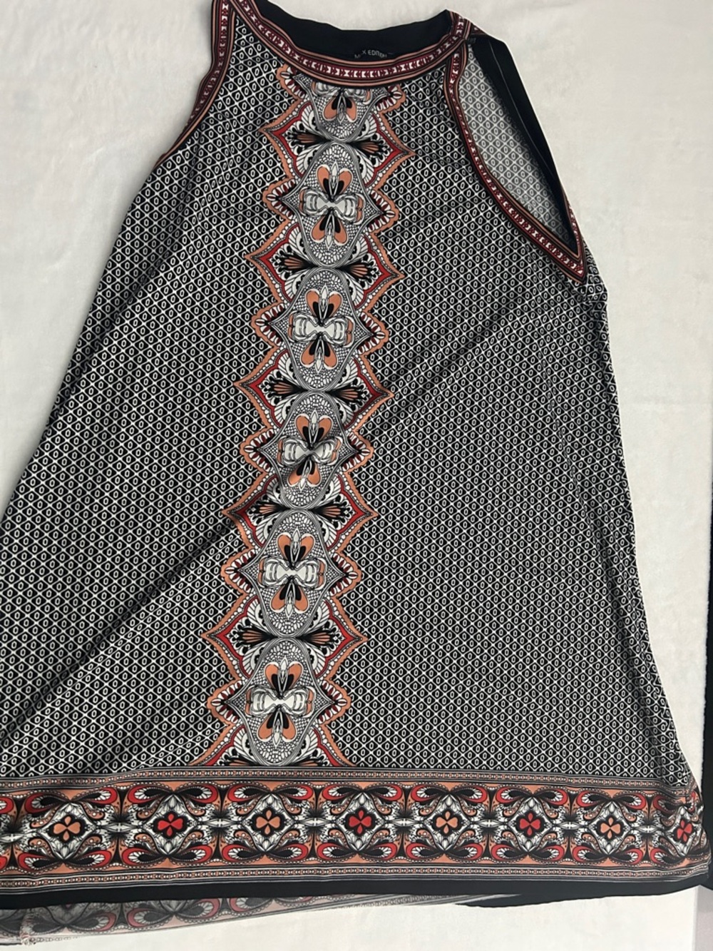 Max Edition Black White and Rust Patterned Midi Dress